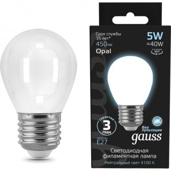 Лампа GAUSS FILAMENT Шар 5W 450lm 4100К Е27 milky LED Лампа GAUSS FILAMENT Шар 5W 450lm 4100К Е27 milky LED