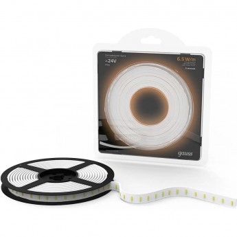 Лента GAUSS LED 2835/120-SMD 6.5W 24V DC 600lm/m 3000K IP65 (блистер 5м) Лента GAUSS LED 2835/120-SMD 6.5W 24V DC 600lm/m 3000K IP65 (блистер 5м)