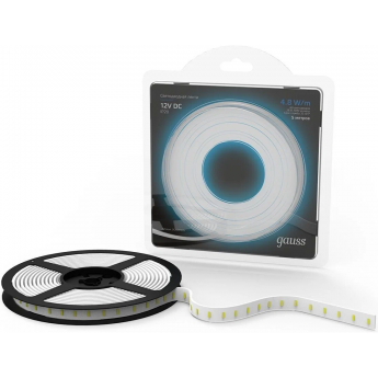 Лента GAUSS LED 2835/60-SMD 4.8W 12V DC холодный белый (блистер 5м) Лента GAUSS LED 2835/60-SMD 4.8W 12V DC холодный белый (блистер 5м)